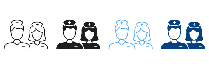 Hospital Staff, Clinician, Intern, Doctor, Nurse Pictogram. General Practitioners Doctor Symbol Collection. Medical Specialist Man and Woman Line and Silhouette Icon Set. Isolated Vector Illustration