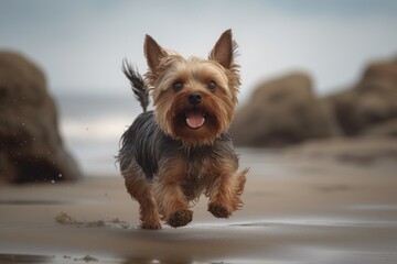 Full-length portrait photography of a bored yorkshire terrier jumping against a beach background. With generative AI technology