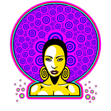 Donna con pettinatura afro colori lisergici