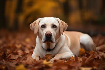 Full-length portrait photography of a curious labrador retriever lying down against an autumn foliage background. With generative AI technology