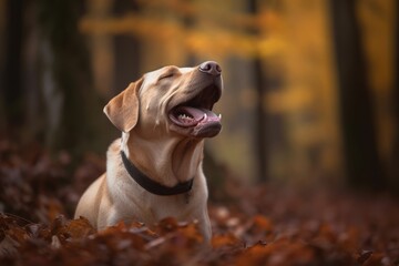 Lifestyle portrait photography of a curious labrador retriever yawning against an autumn foliage background. With generative AI technology