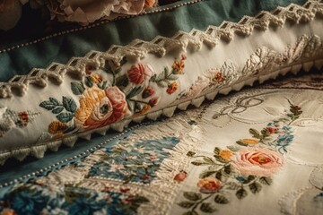 Vintage floral French fabric border for shabby chic decor, featuring geometric pattern and patchwork effect. Generative AI