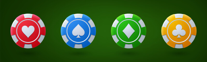 Poker chips, casino game icons. Gambling coins, four tokens with card signs of diamond, heart, spade and club isolated on green background, vector realistic set