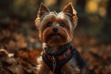 Medium shot portrait photography of a curious yorkshire terrier wearing a harness against an autumn foliage background. With generative AI technology