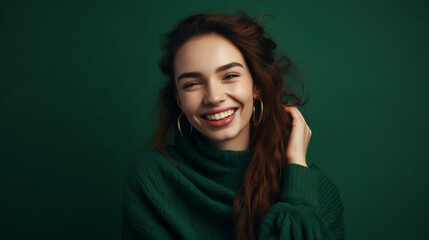 Obraz premium Happy young beautiful woman in green sweater on green background. Generative AI image