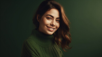 Fototapeta premium Happy young beautiful woman in green sweater on green background. Generative AI image