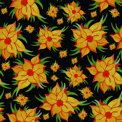 Fototapeta na wymiar Seamless abstract pattern with watercolor flowers, dark backgrou