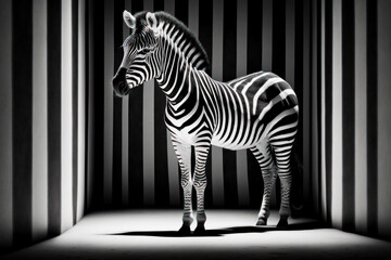 Black and white photo of zebra in front of striped wall. Generative AI