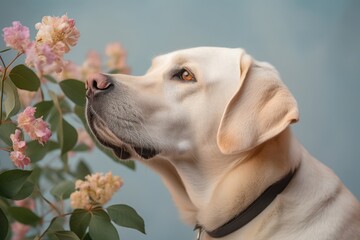 Environmental portrait photography of a curious labrador retriever smelling flowers against a pastel or soft colors background. With generative AI technology