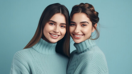 Two  happy young beautiful woman in blue sweater on blue background. Generative AI image
