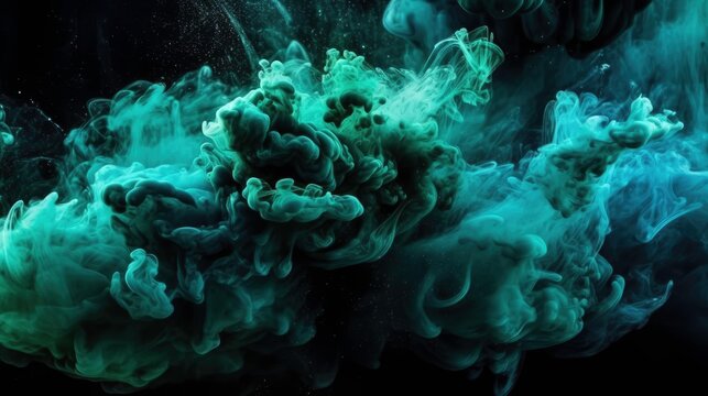 Paint drop. Ink water. Explosion smoke. Colorize color fluid splash vapor cloud on glitter dust texture Green abstract art background.AI-generated © teteraandrey