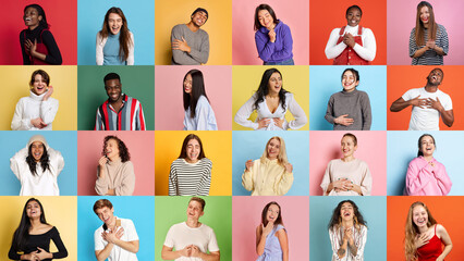 Fototapeta na wymiar Happiness. Collage made of portraits of young people of diverse age, gender and race posing, smiling over multicolored background. Concept of human emotions, youth, lifestyle, facial expression. Ad