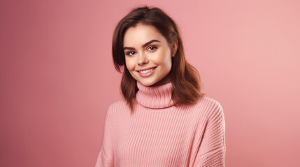 Fototapeta premium Happy young beautiful woman in pink sweater on pink background. Generative AI image