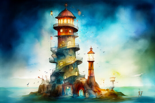 Image of lighthouse in the middle of the ocean with birds flying around. Generative AI