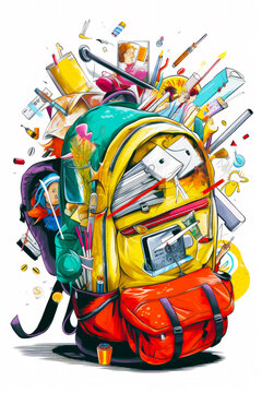 Image of yellow backpack with school supplies on top of it and confetti falling out of it. Generative AI