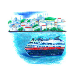 Obraz premium Istanbul city panoramic view bosporus coast with ferry boat