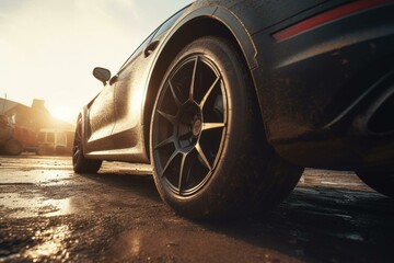 Obraz na płótnie Canvas Fresh tires for a car on a bright backdrop. Generative AI