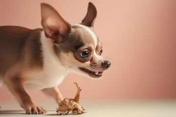 Medium shot portrait photography of an aggressive chihuahua chasing a squirrel against a pastel or soft colors background. With generative AI technology