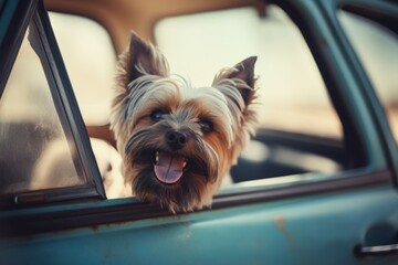 Lifestyle portrait photography of a happy yorkshire terrier sticking head out of a car window against a pastel or soft colors background. With generative AI technology