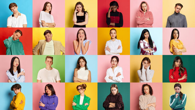 Collage made of portraits of young men and women posing with diverse sad, unpleasant emotions over multicolored background. Concept of human emotions, youth, lifestyle, facial expression. Ad