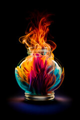Glass vase filled with colorful smoke on top of black background with black background. Generative AI