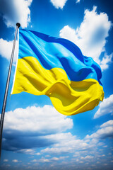 Blue and yellow Ukrainian flag is flying in the wind on sunny day. Generative AI
