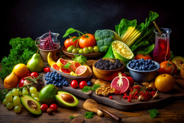 Variety of fruits and vegetables are on wooden table with black background. Generative AI