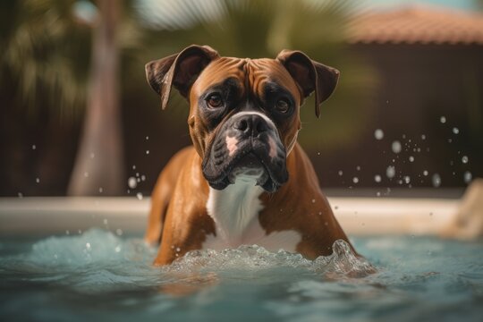 Lifestyle portrait photography of a curious boxer dog splashing in a pool against a pastel or soft colors background. With generative AI technology