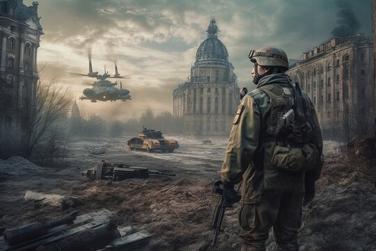 Russia Ukraine war destruction post apocalyptic landscape illustration generative ai