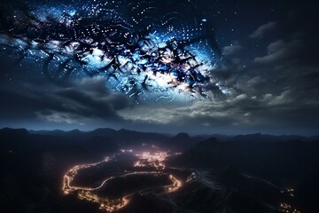 Fictional night scene featuring Milky Way galaxy over Earth. Created with technology. Generative AI