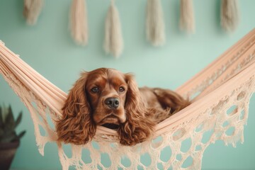 Environmental portrait photography of a curious cocker spaniel lying in a hammock against a pastel or soft colors background. With generative AI technology