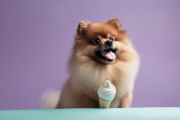 Environmental portrait photography of a curious pomeranian licking an ice cream cone against a pastel or soft colors background. With generative AI technology