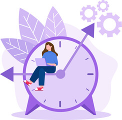 Young lady sitting on clock and productively working on laptop. Time management illustration with cartoon character doing job on time. Vector illustration in flat design, made in purple colors