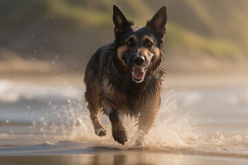 Full-length portrait photography of a happy german shepherd running through a sprinkler against dog-friendly beaches background. With generative AI technology