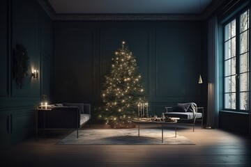 3D Render Christmas interior in night colors, generative AI