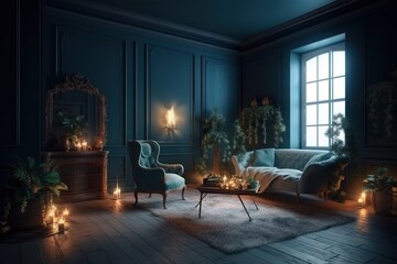 Fototapeta na wymiar 3D Render Christmas interior in night colors, generative AI