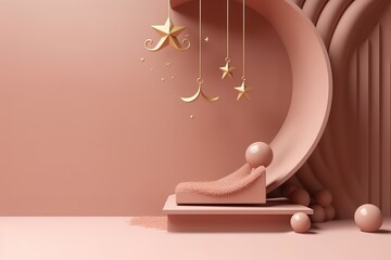 islamic 3D Podium, fluffy cloud, pink gold, generative AI