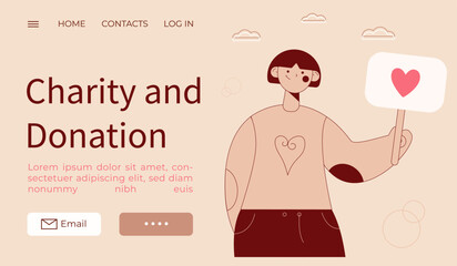 Donation and charity concept.web banner,card,infographic.girl holding posters with heart.Simple vector illustration