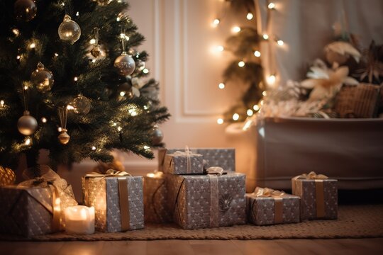 Beautiful Christmas gift boxes on floor near Christmas Tree, generative AI