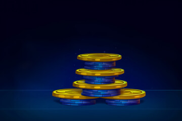 Stack of coins on dark blue background, copy space. AI generative