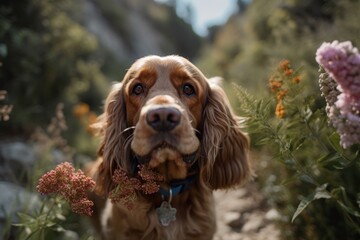 Lifestyle portrait photography of a happy cocker spaniel having a bouquet of flowers against hiking trails background. With generative AI technology