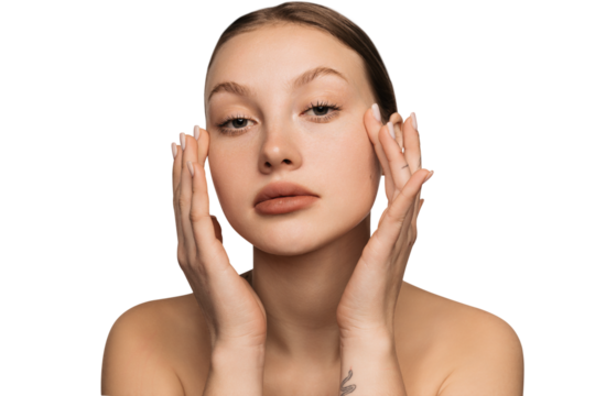 Closeup portrait of young beautiful girl with bare shoulders touching face skin with fingers. Png. Concept of beauty, natural make-up, skin care, healthy look