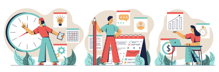 Business set of different workers, time management. Young productive business people actively doing office job in different areas, completing tasks on time. Vector illustration in flat design