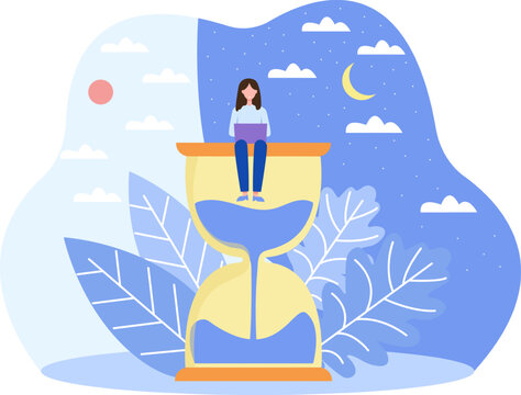 Time management, control of working hours. Hard work, studying day and night. Round the clock job, evening shift. Female character is working on laptop, in hurry to meet deadline. Vector image