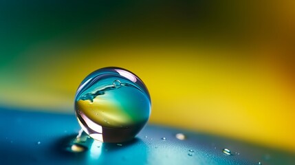 Beautiful large transparent water drops or rain water on blue soft background, macro with mirror reflection..Generative AI