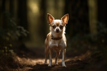 Studio portrait photography of a happy chihuahua walking against forests and woodlands background. With generative AI technology