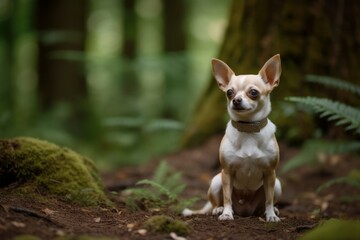 Environmental portrait photography of an aggressive chihuahua posing with a wedding couple against forests and woodlands background. With generative AI technology