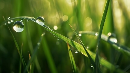 Spring summer, juicy green grass in drops of morning dew rain water close-up macro in the sunlight on a bright background..Generative AI