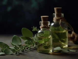 Fototapeta na wymiar Herb essential oil aroma bootle and leaf , Generative Ai