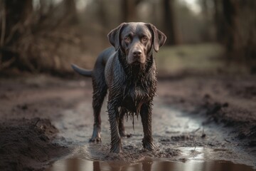Full-length portrait photography of a curious labrador retriever playing in a mud puddle against lakes and rivers background. With generative AI technology